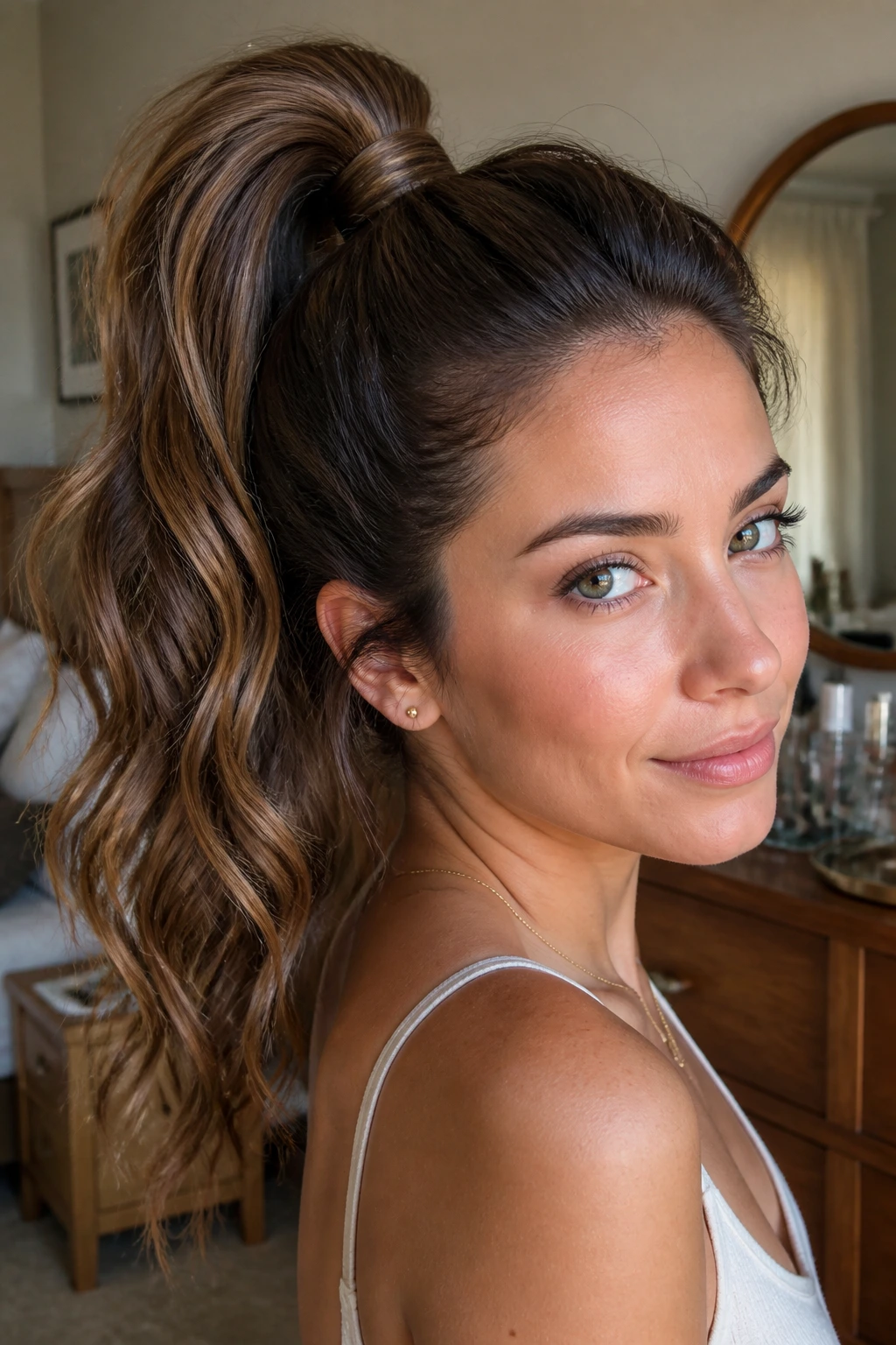Close-up of a real woman with wrapped high ponytail and thick waves, natural window light