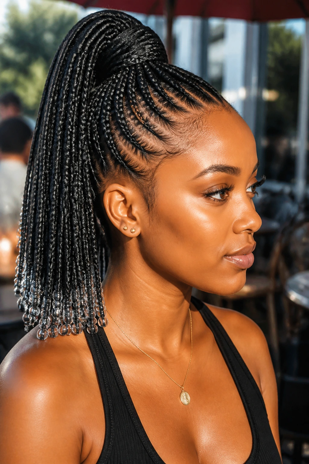 Real woman with high ponytail tribal braids and simple bead ends