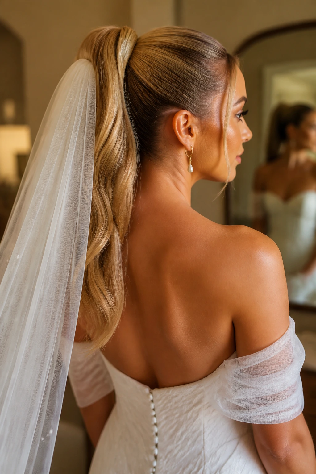 Close-up of high ponytail with dramatic veil placement on a real bride