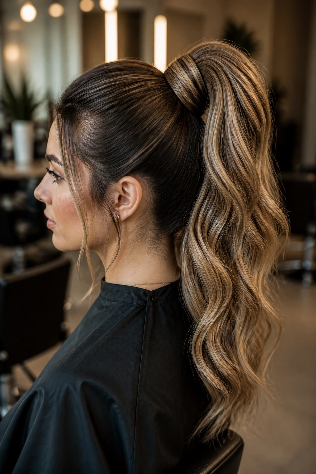 Portrait of a real woman with a high ponytail featuring wrapped base waves