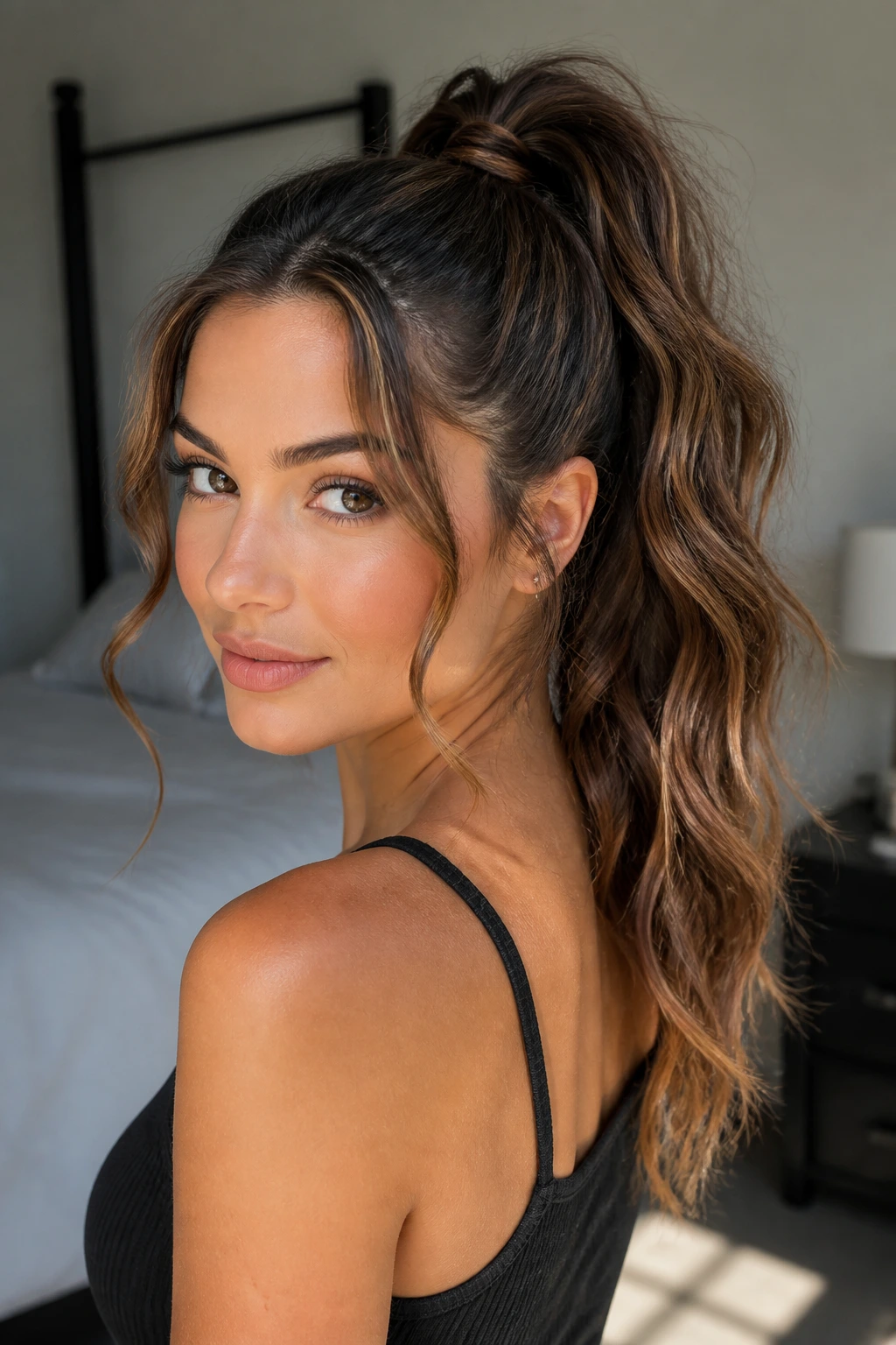 Close-up of a real woman with a high ponytail and gently waved length