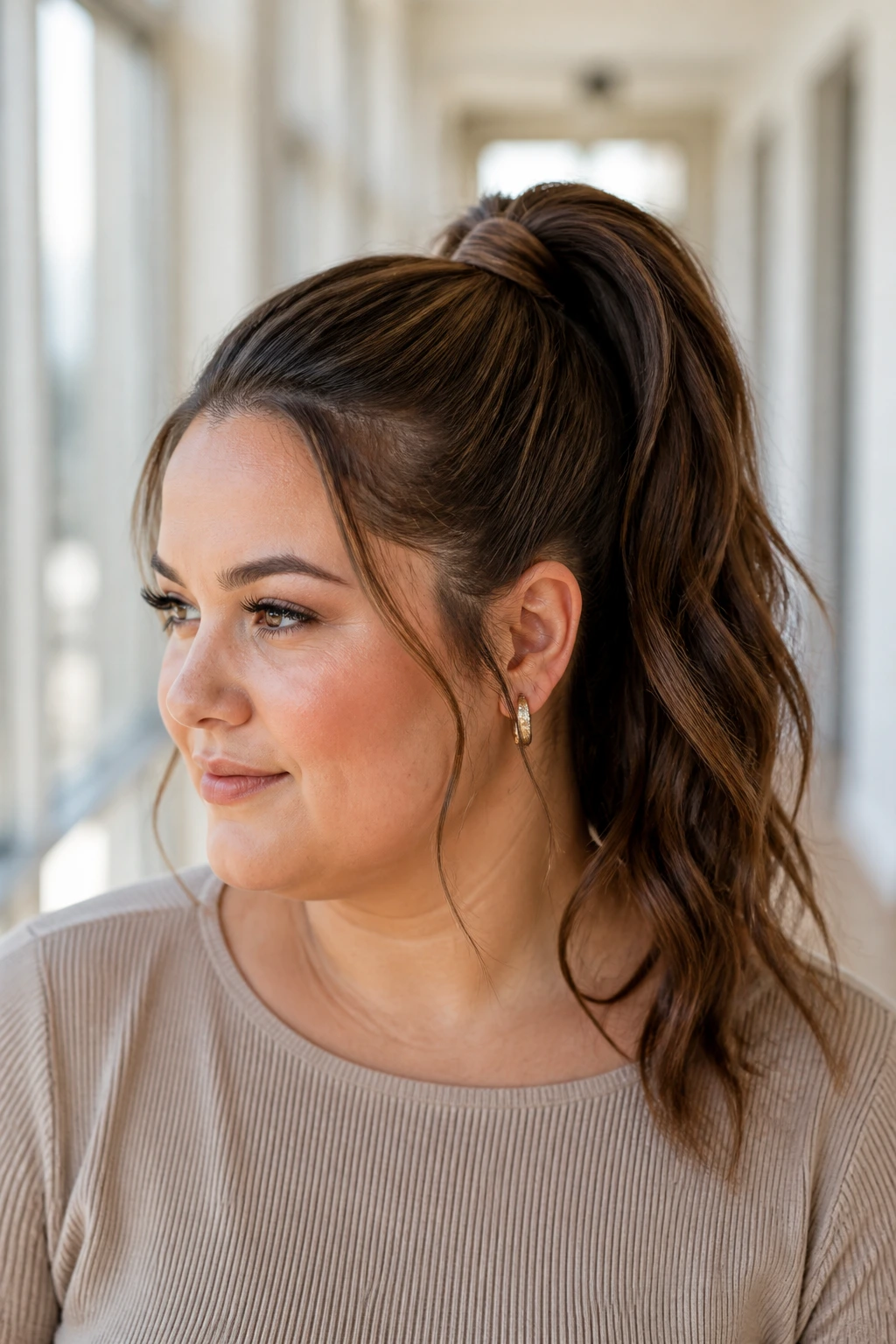 Real woman wearing a high ponytail with a wrapped base.