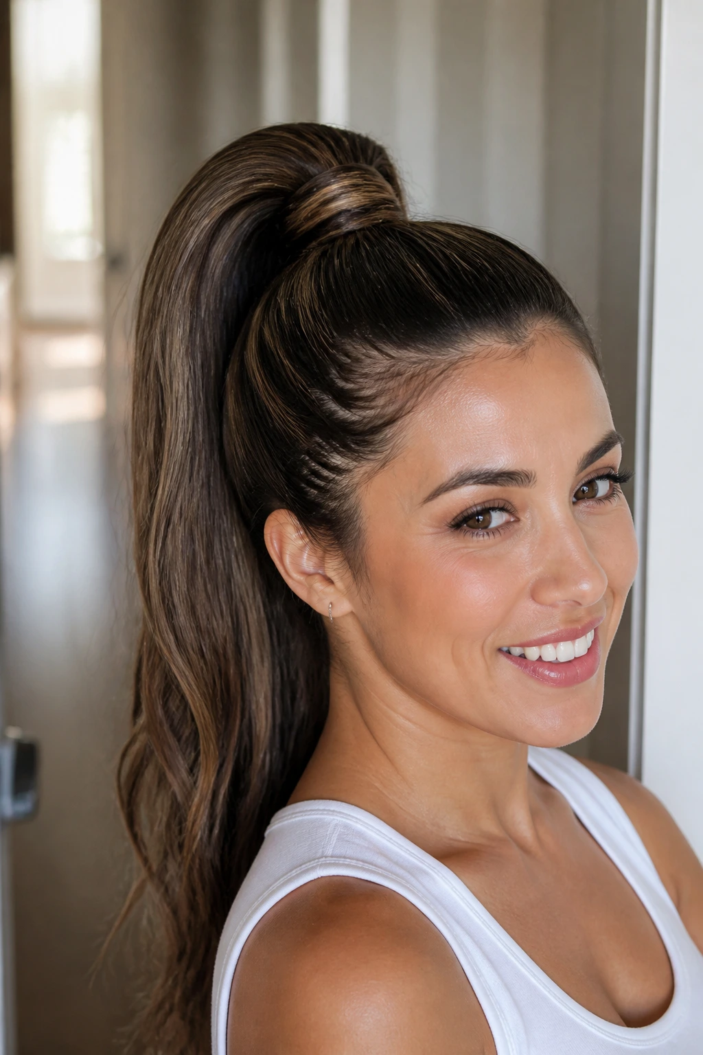 Real woman with a high ponytail wrapped base in a softly lit home setting