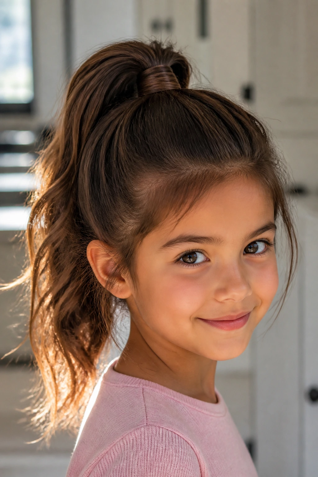 Close-up of a brunette girl with a high ponytail and wrapped base