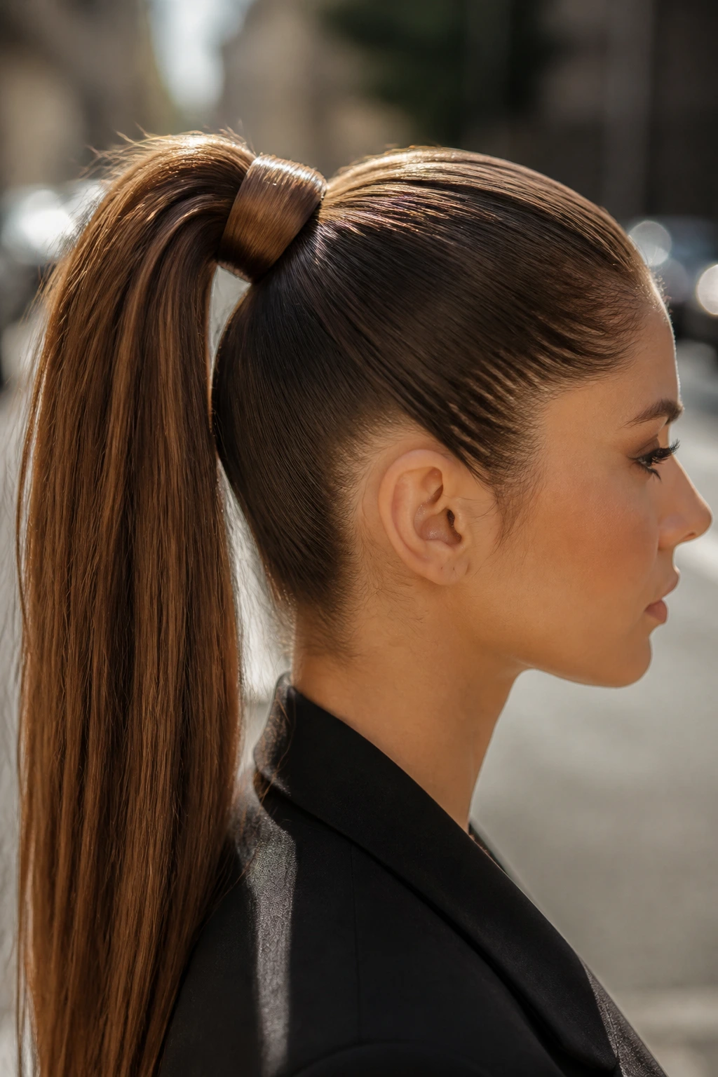 Profile view of a woman with a high ponytail and wrapped base