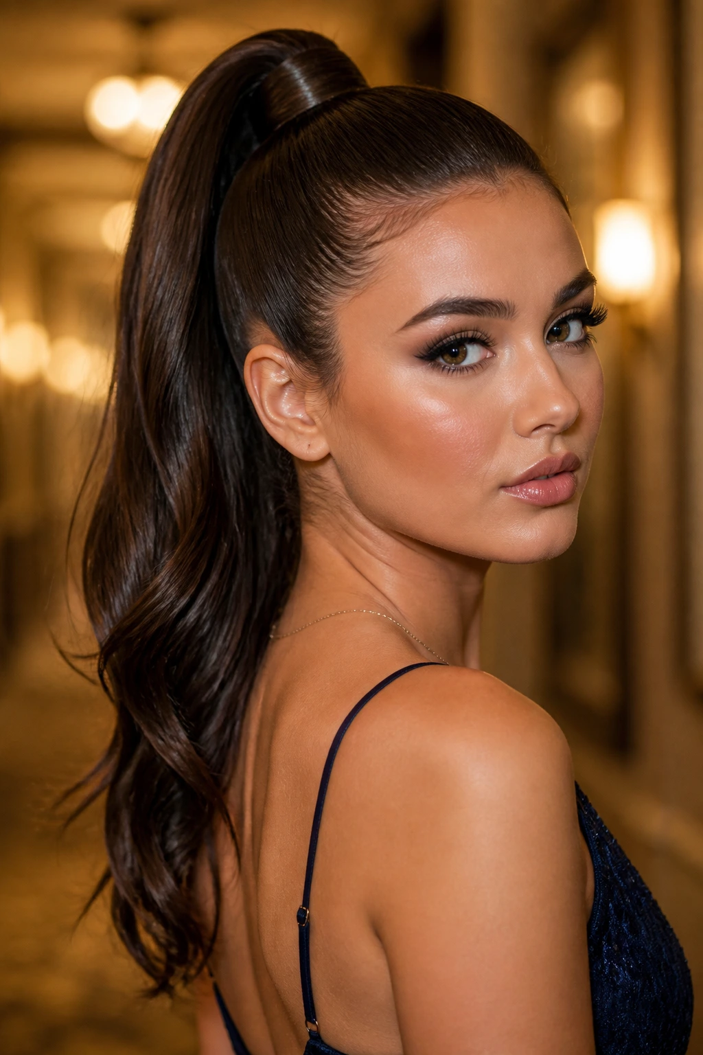 Close-up of woman with high ponytail with wrapped base