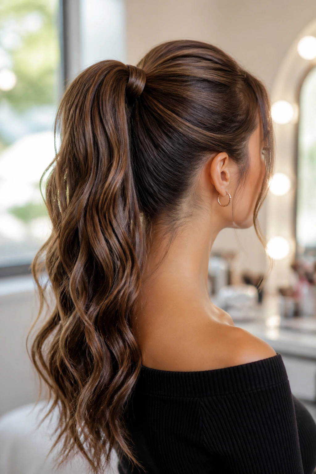 Back/side portrait of a real woman with high ponytail wrapped base and waves
