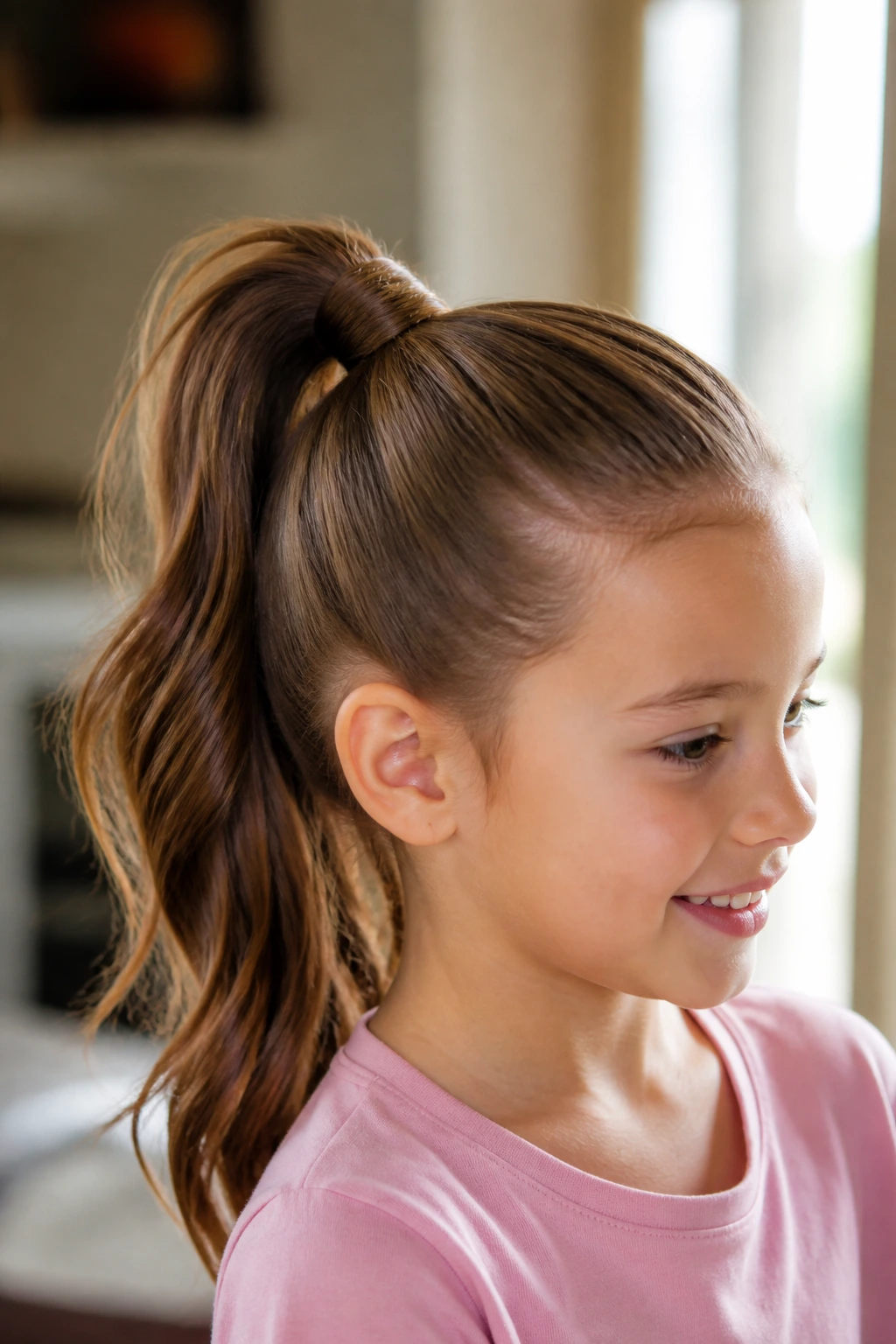 Close-up of a child with a high ponytail wrapped strand