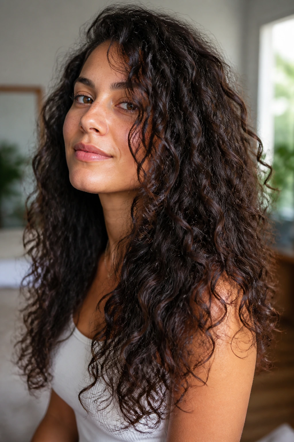 Close-up of high-porosity curls with long layers in natural light.