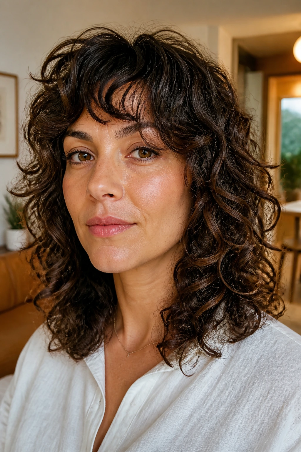 Close-up portrait of a real person with high-porosity curly shag in a cozy living room