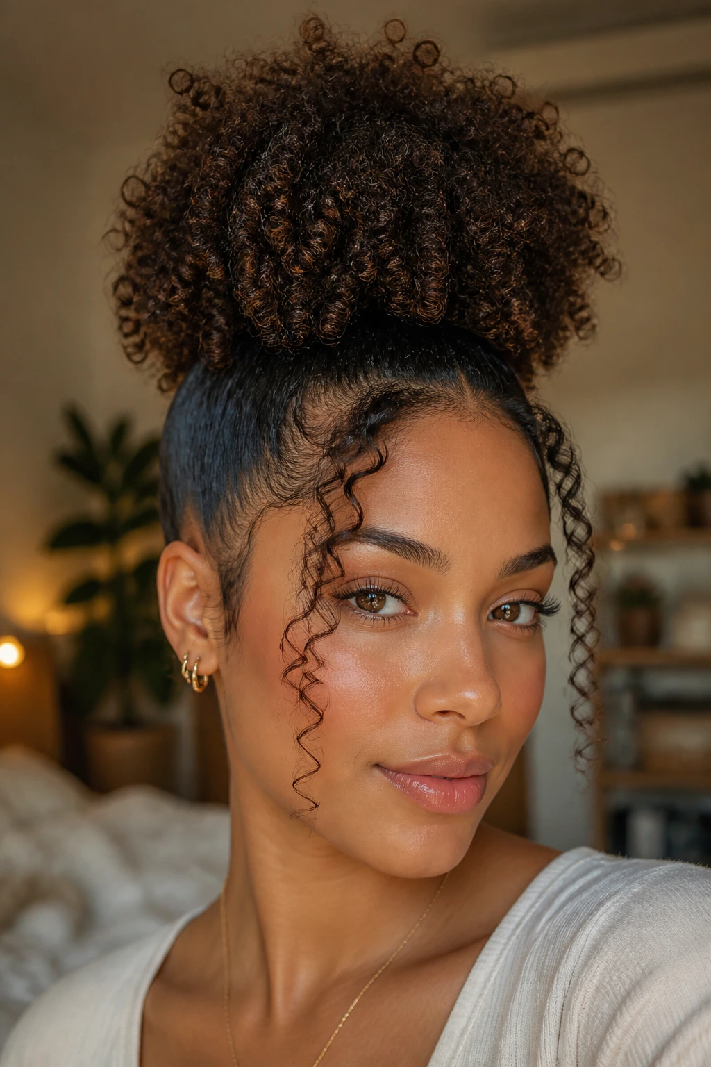 Real person with high puff and soft face-framing curls