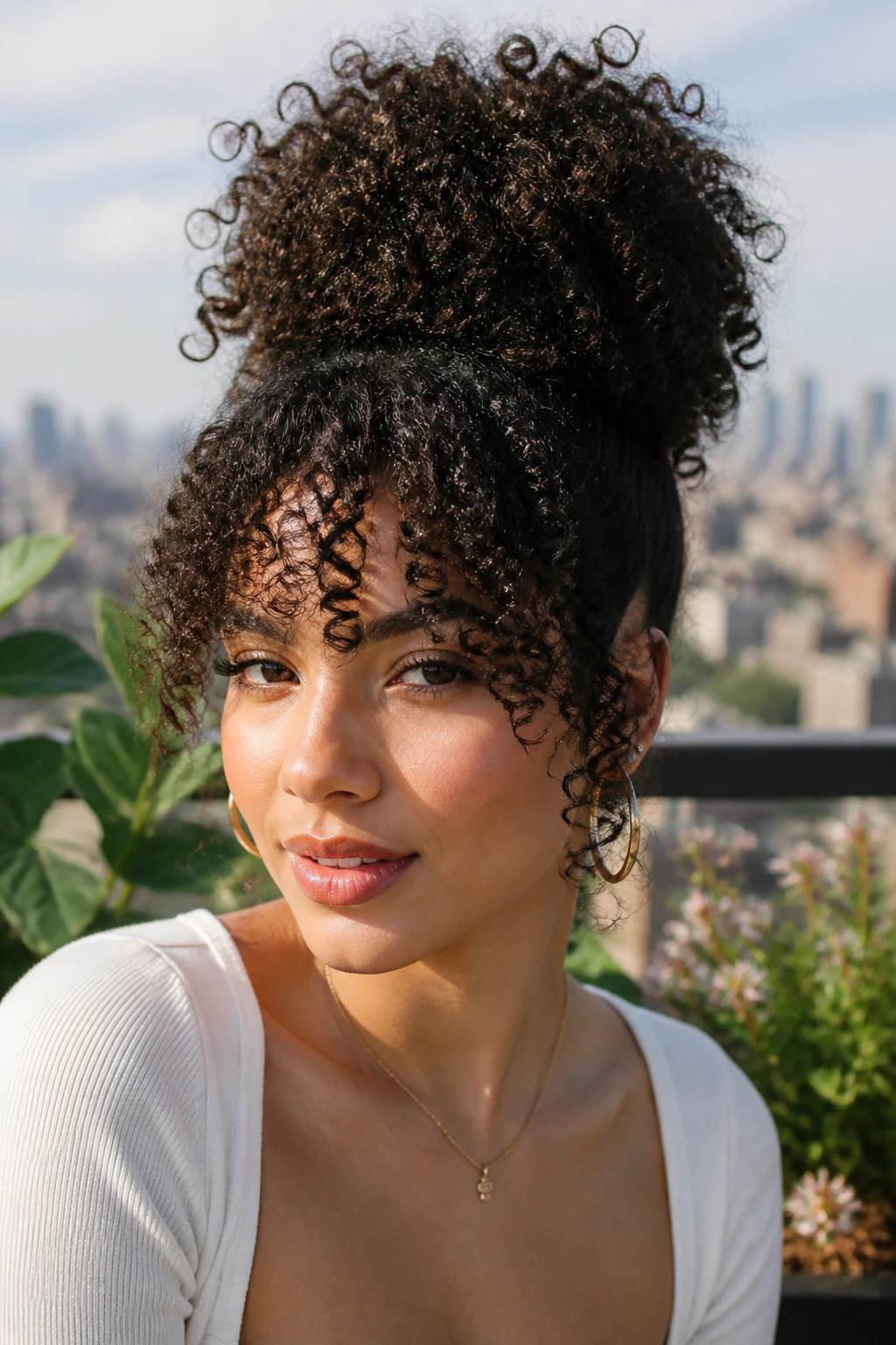Close-up of a woman with a high puff and bottleneck bangs