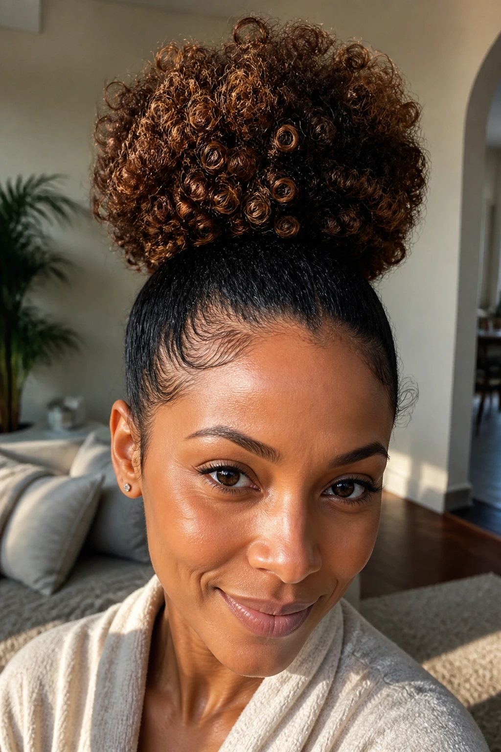 Close-up portrait of a woman with a high puff bun and defined crown