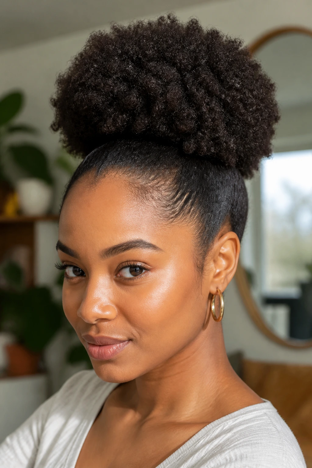 Close-up of a real person with a high puff at the crown