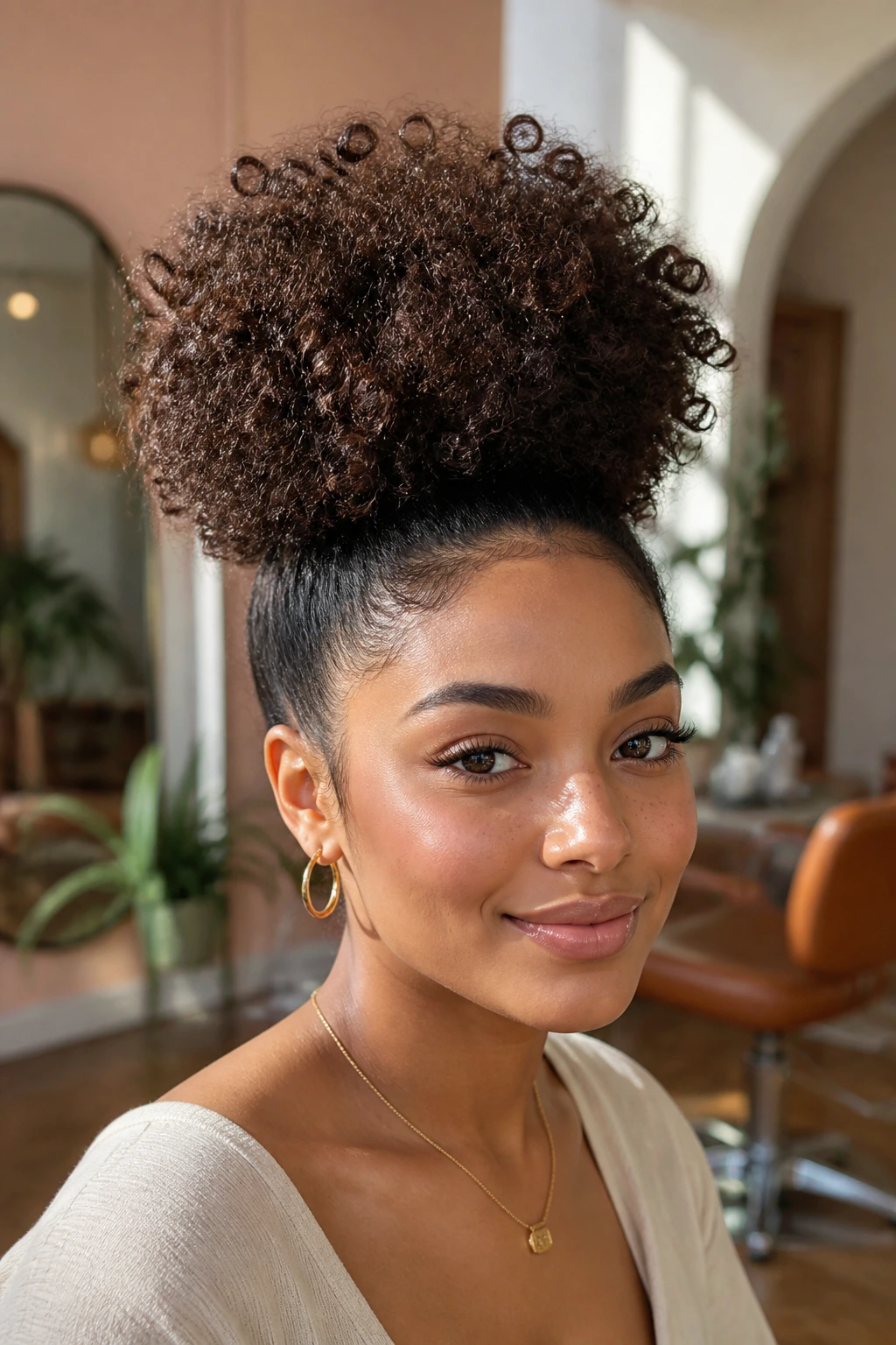 Close-up of a real woman's head showing a high puff with crown lift hairstyle