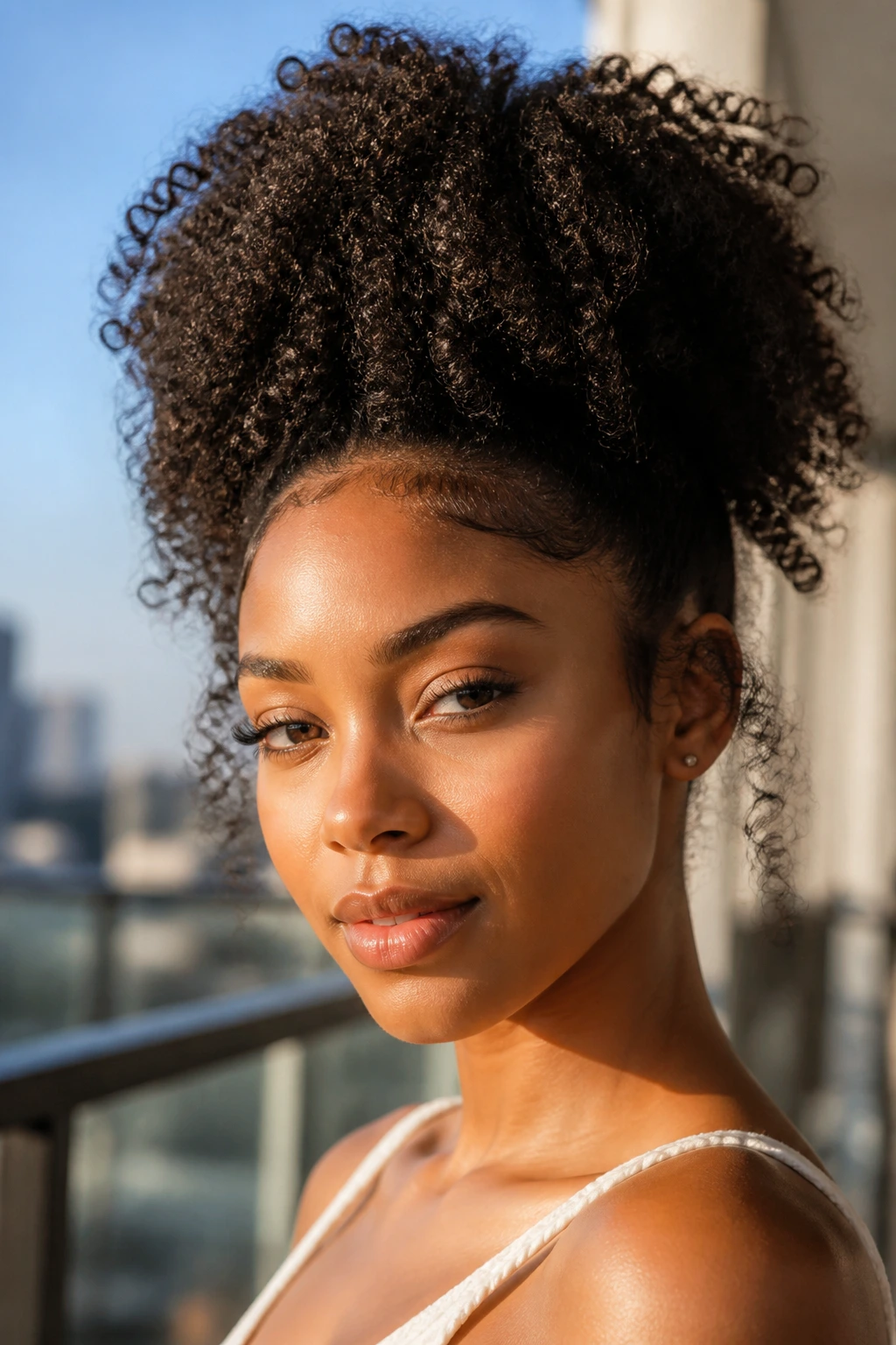 Close-up of a real person with a high puff and soft edges, natural curl texture visible