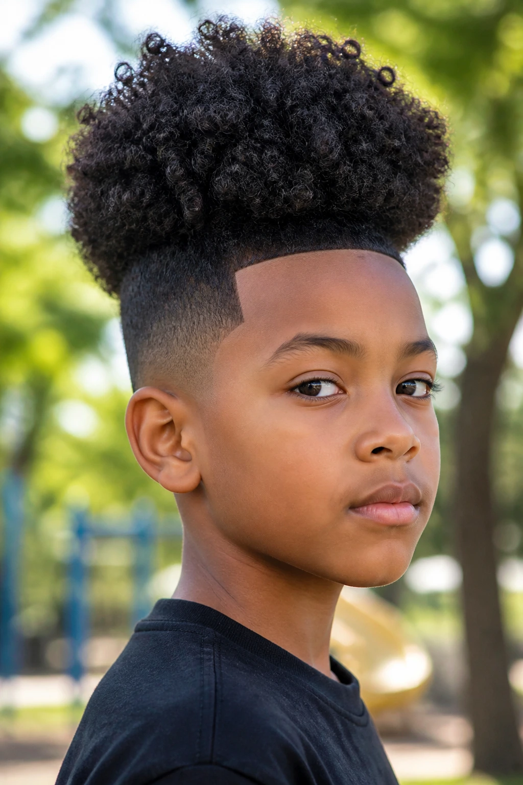 Close-up of a real Black boy with a high puff and clean edges outdoors.