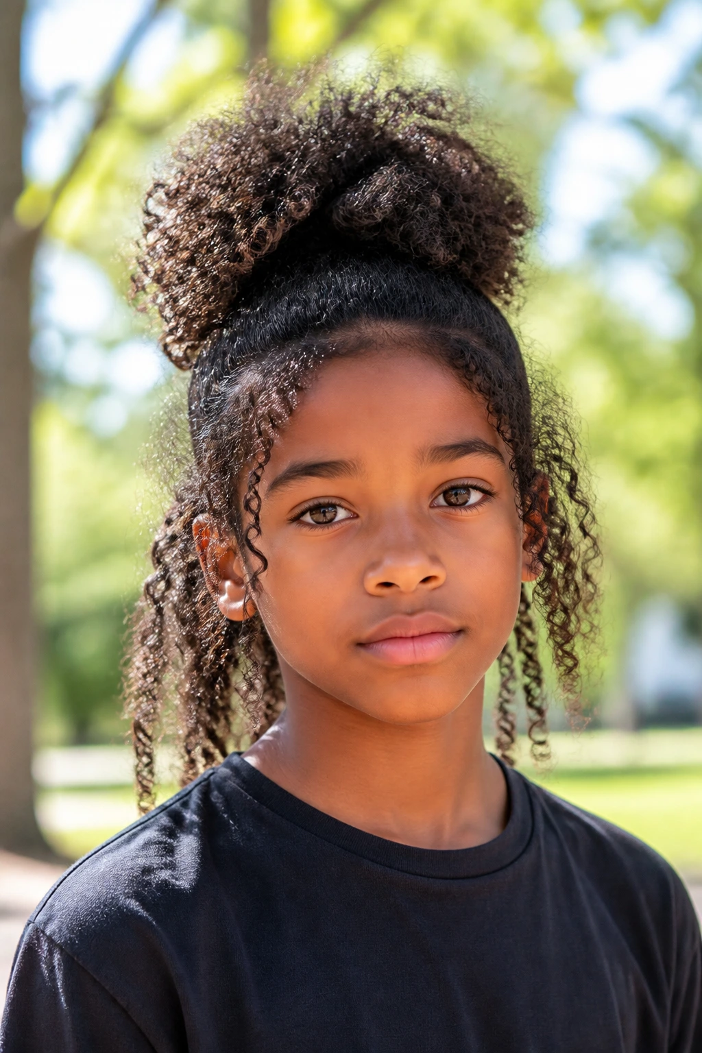 Close-up of a real child with a high puff and hanging curls.