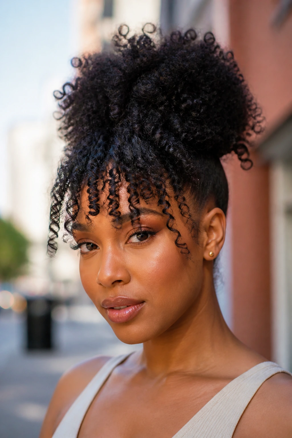 Close-up of a real woman with high puff and curly bangs on city street
