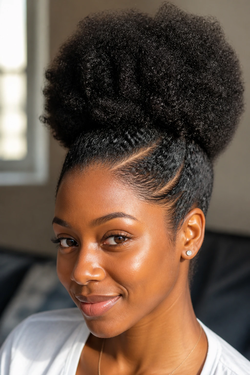 Close-up of high puff with curved part on a real person