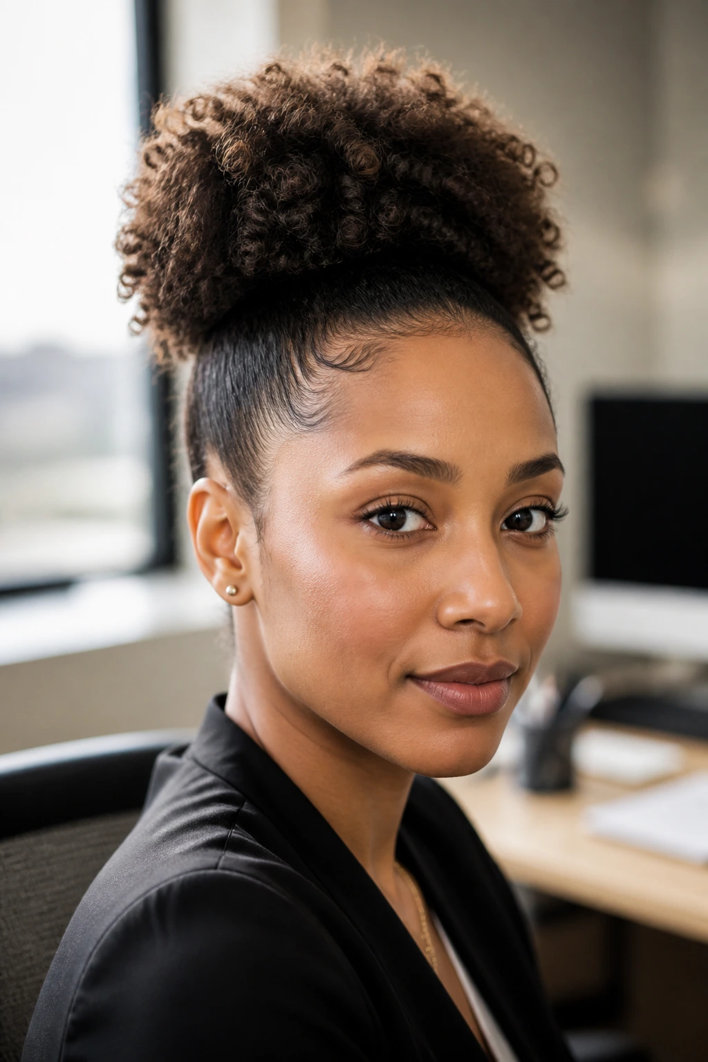 Portrait of a real woman with a high puff and clean edge line.