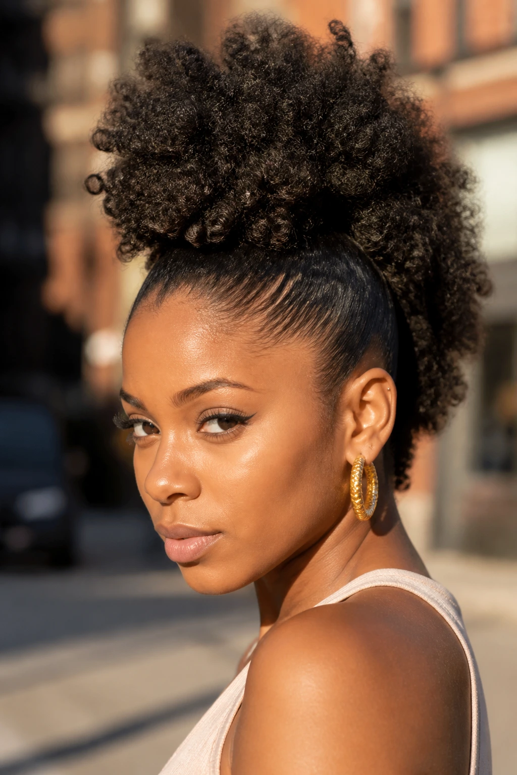 Real Black woman with high puff faux hawk