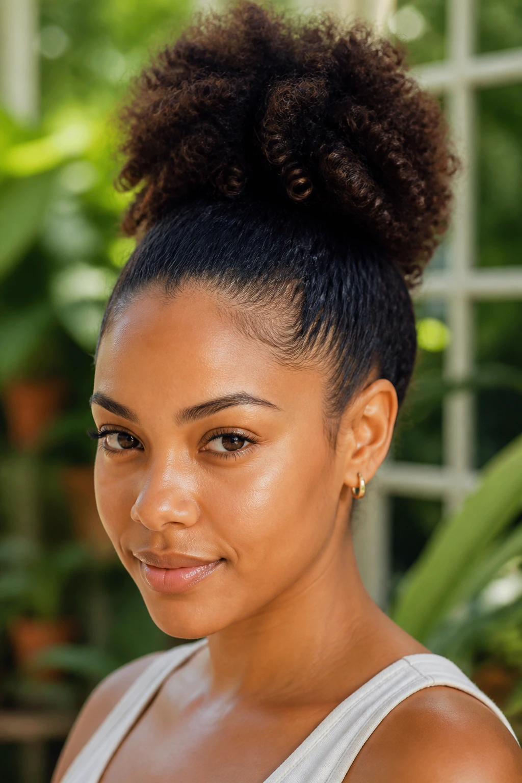 Portrait of a person with a high puff keeping roots off the face