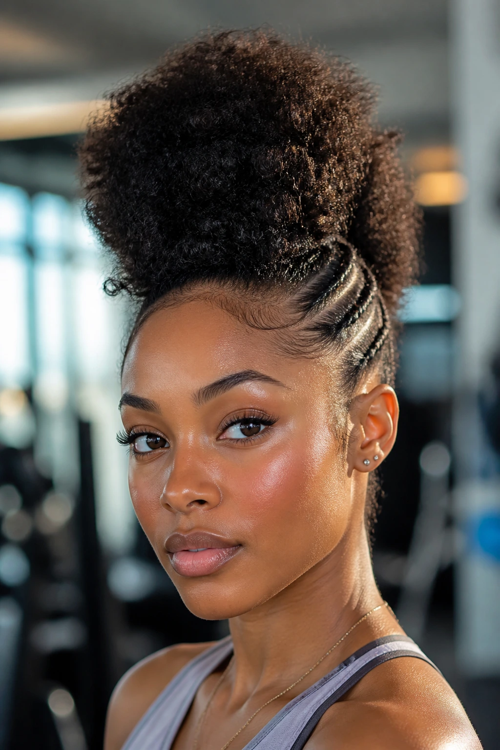 High puff frohawk on real woman with a towering crown and clean sides.