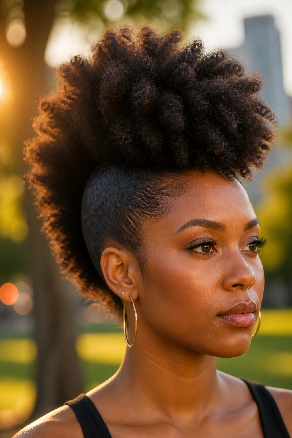 Close-up portrait of a real Black woman with a high puff frohawk outdoors