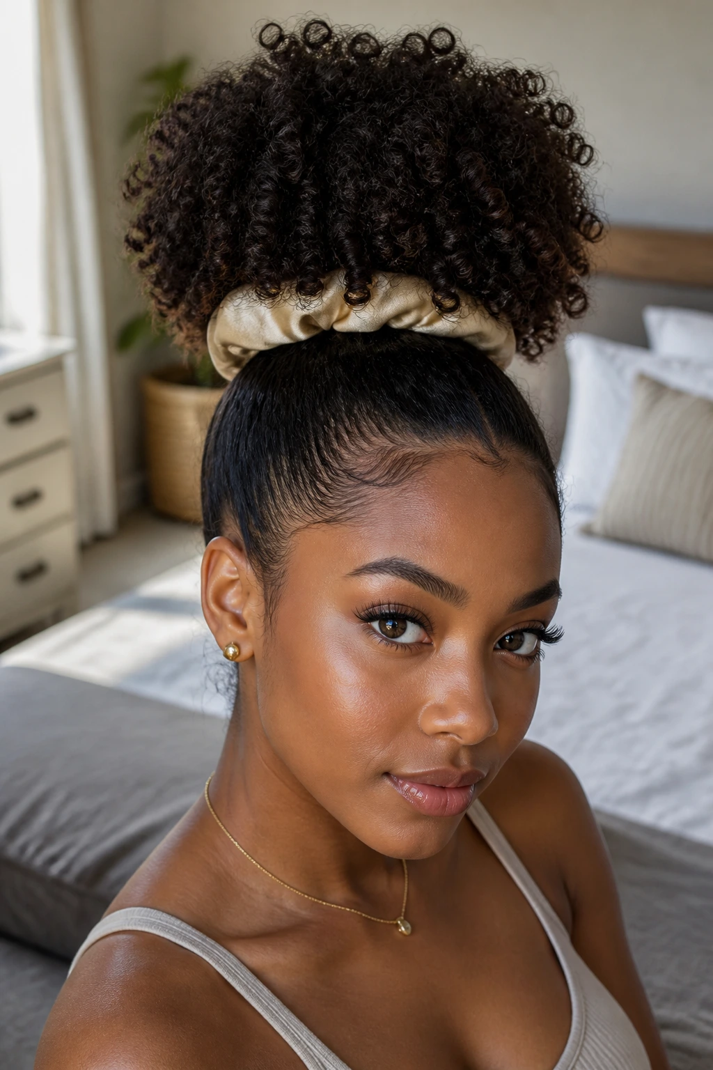 Portrait of a person with a high puff and smooth hairline.