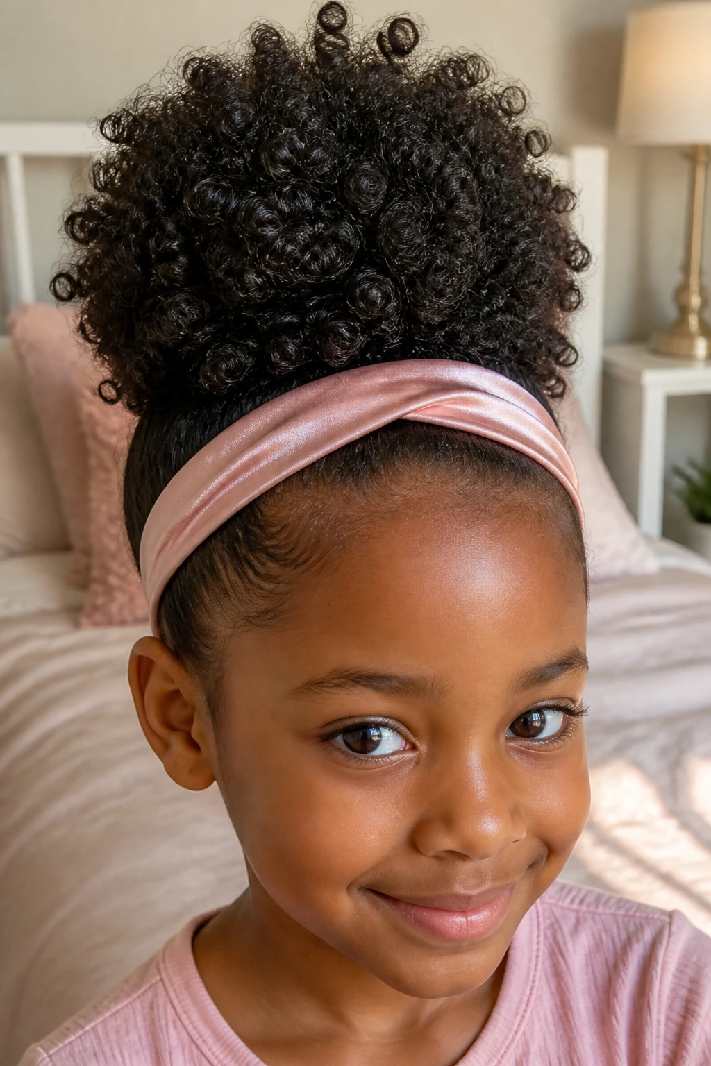 Close-up of child with high puff and soft headband hairstyle