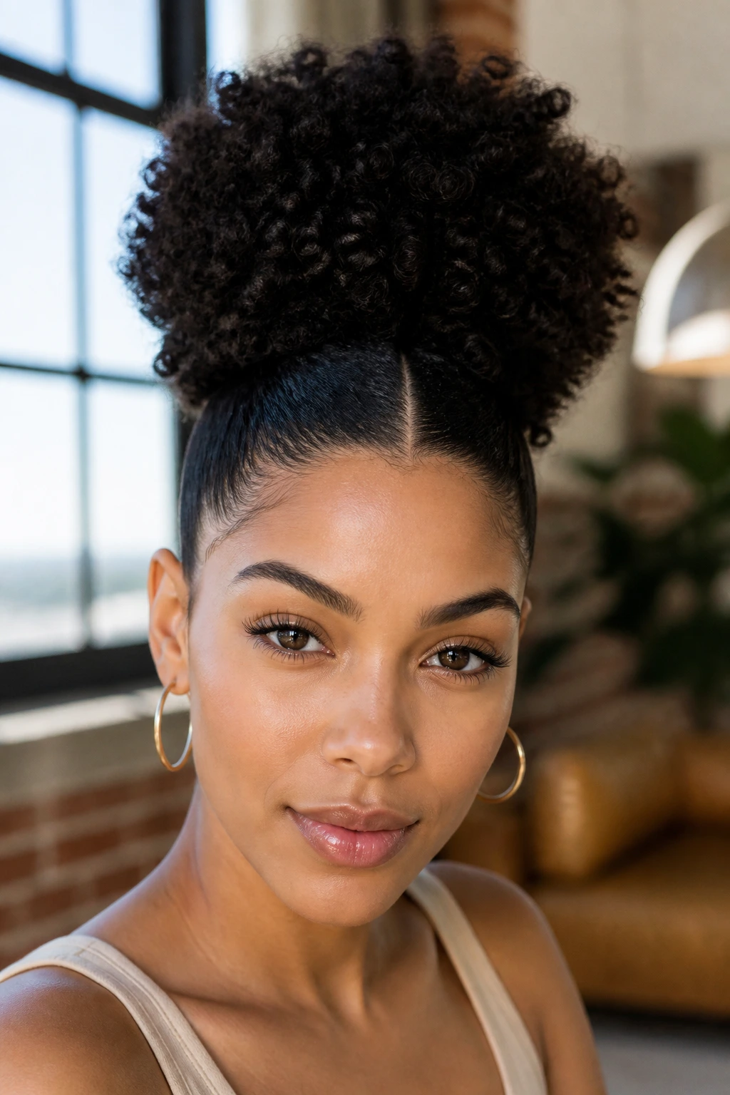 Close-up of a real woman with a high puff and a clean part in a bright loft