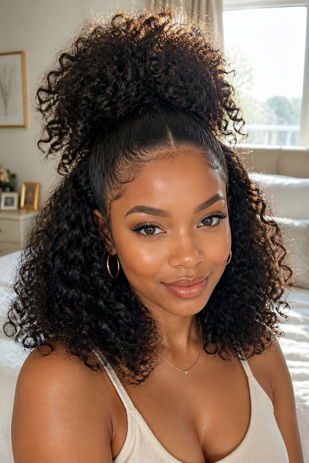Close-up of a real woman with a high puff crown and loose curls around the face