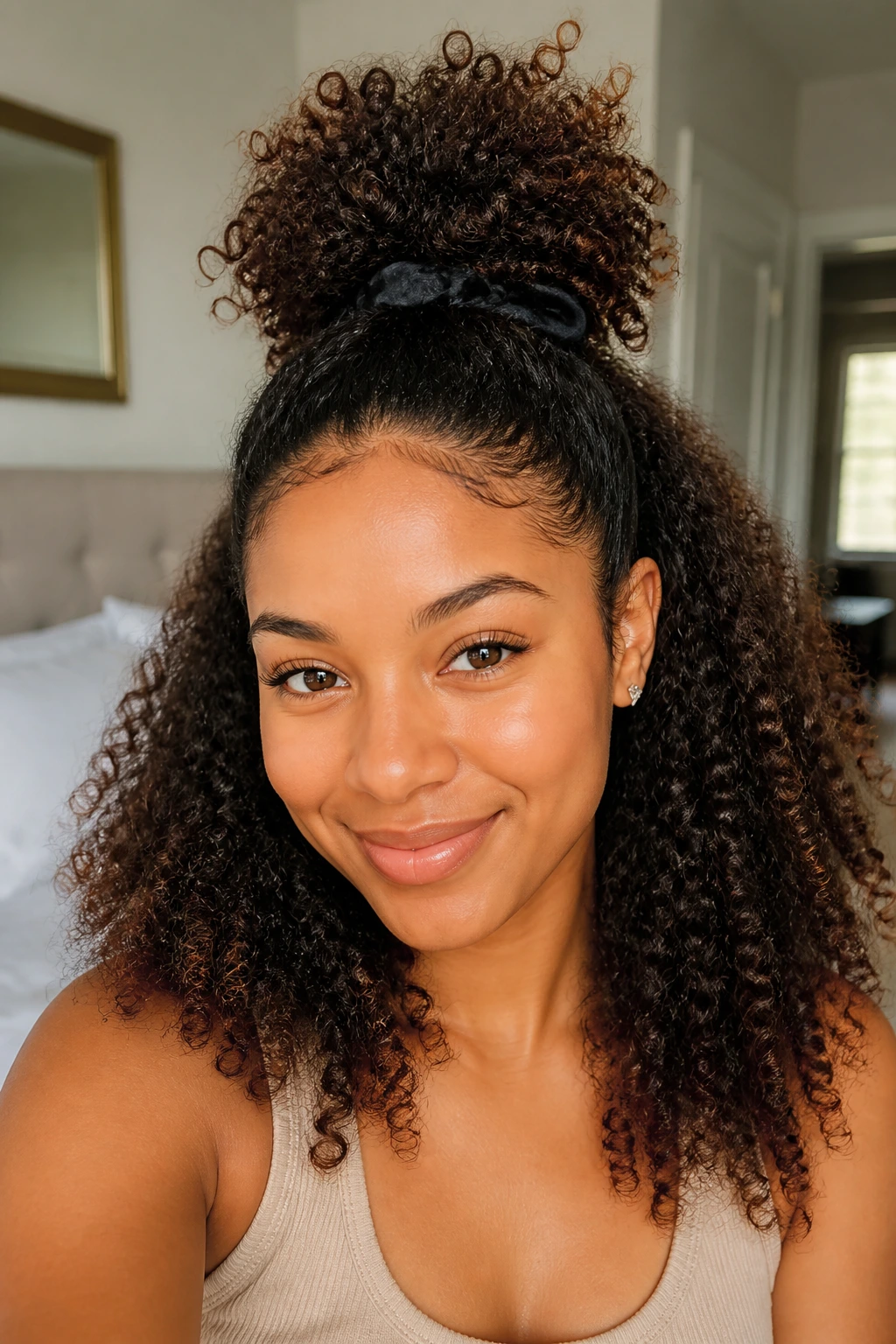Real woman with a high puff crown and loose curls below.