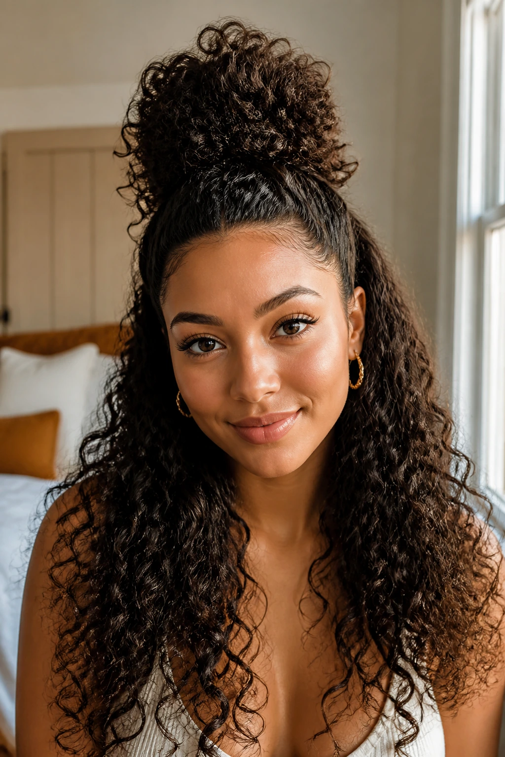 Portrait of a real person with a high puff on top of long curly hair.