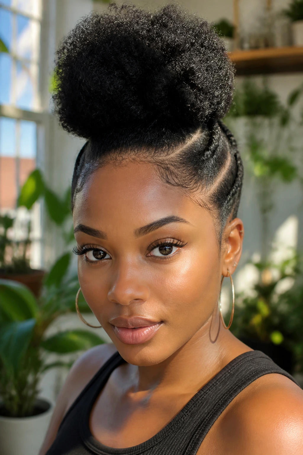 Close-up of a woman with a high puff hawk and clean side parts.