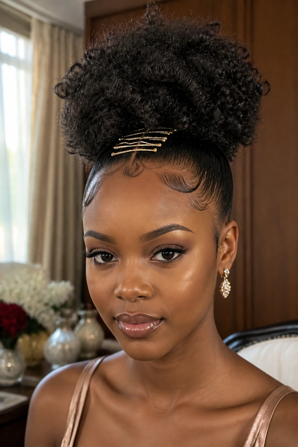 Close-up of a real woman with a high puff, laid edges, and gold pins