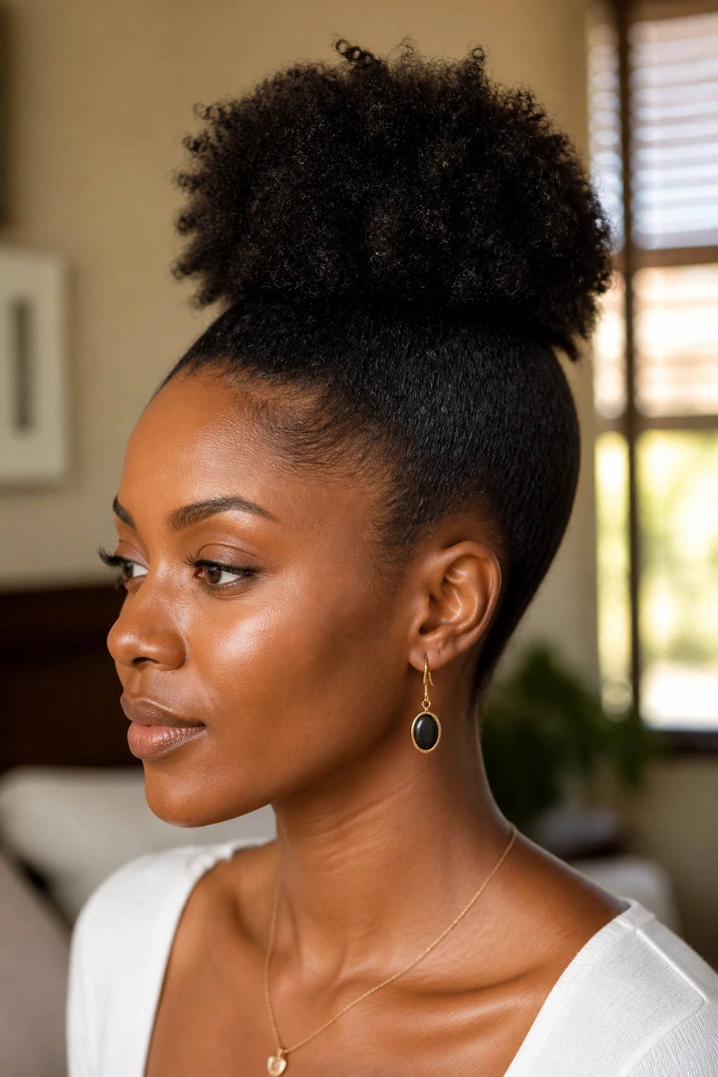 Close-up of a real person with a high puff mohawk at the crown