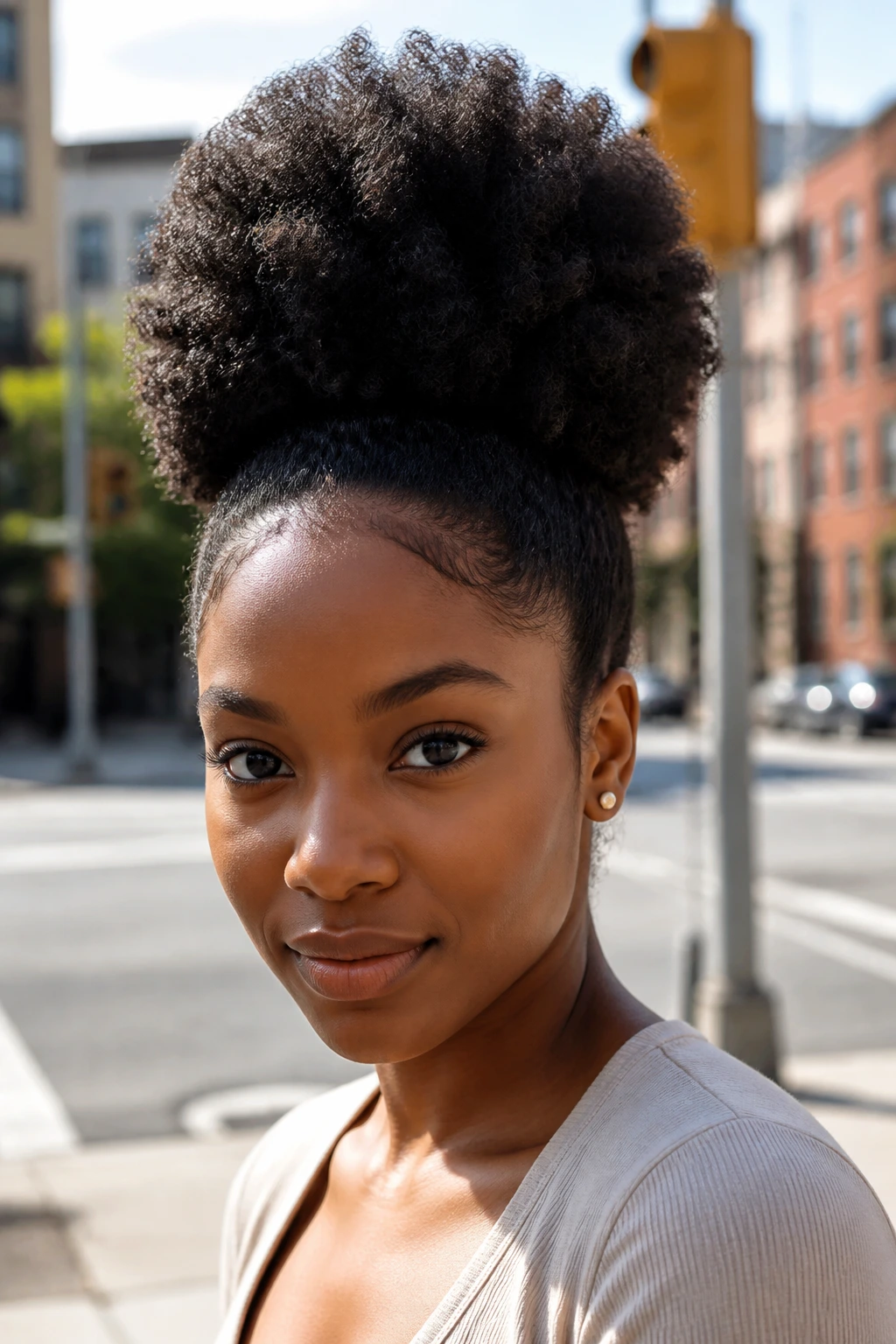 Close-up portrait of a Black woman with a high puff hairstyle