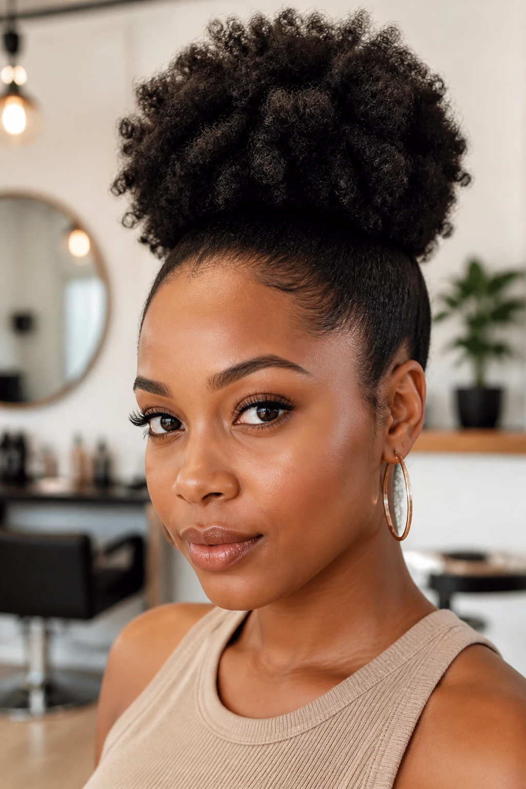 Close-up of a Black woman wearing a high puff.