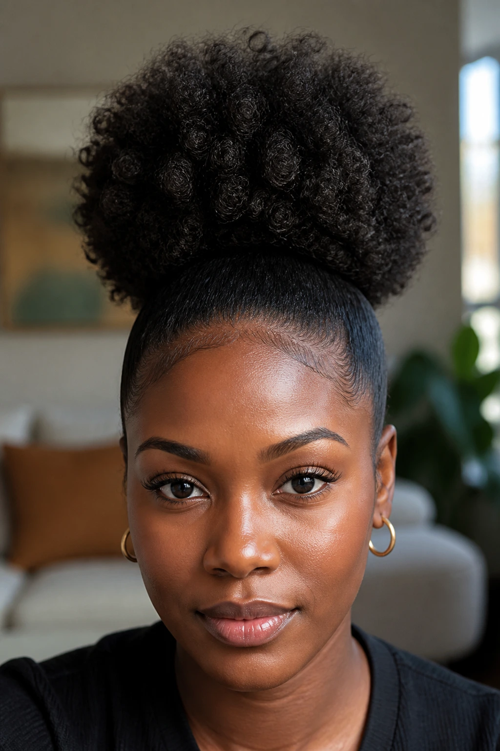 Real woman with high puff and smooth base at the crown