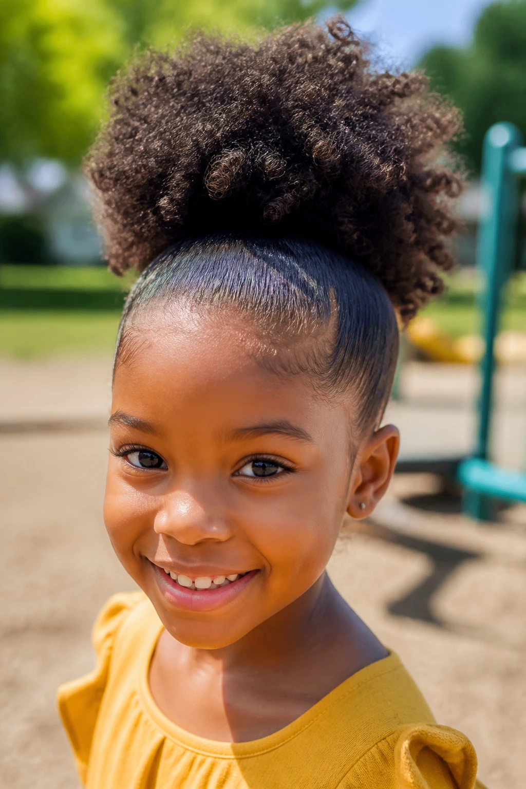 Child with high puff pony outdoors in sunshine