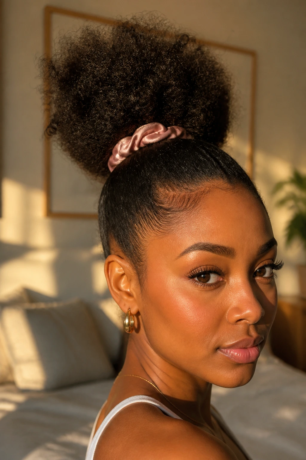 Close-up of a real person with a high puff ponytail and smooth sides