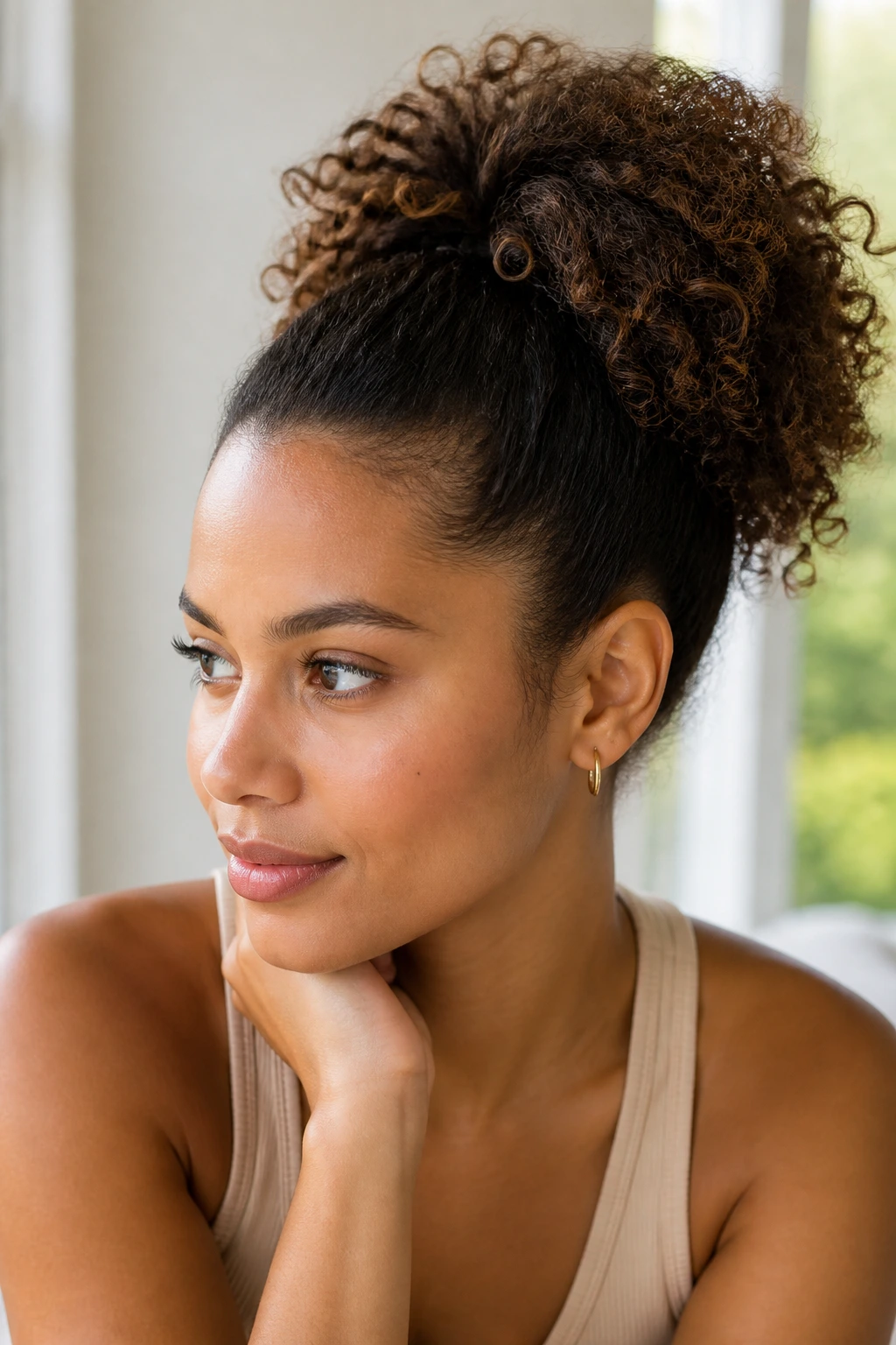 Close-up of a real woman with a high puff ponytail in natural light.