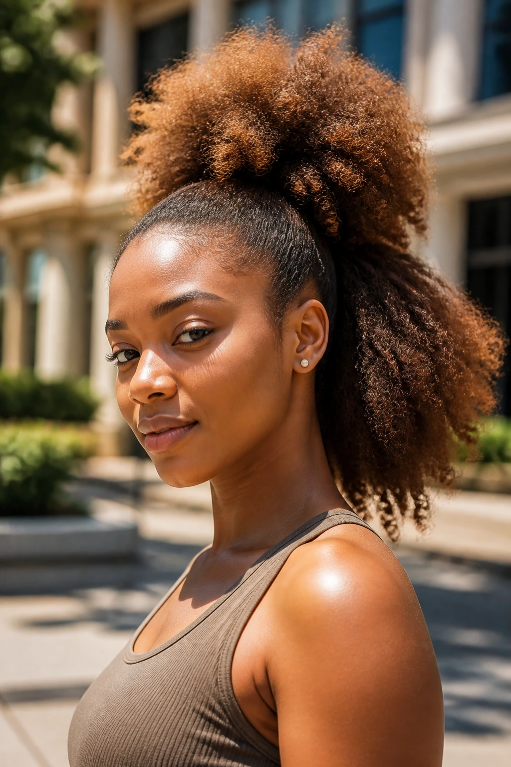Three-quarter portrait of a woman with a high puff ponytail