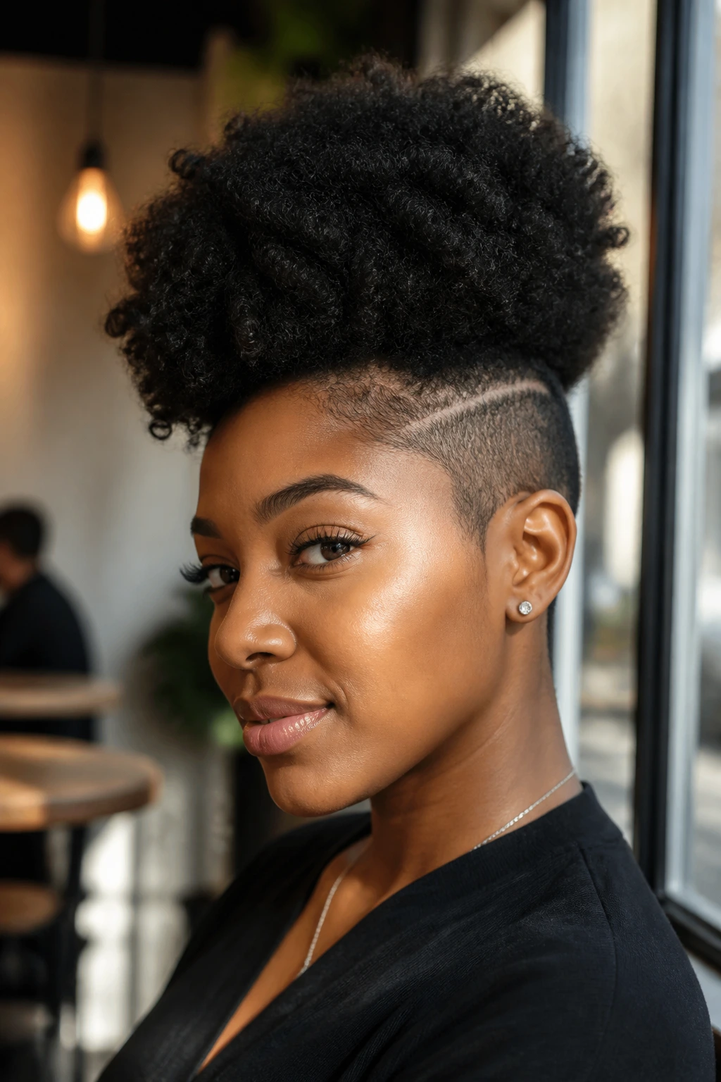 Real person with a high puff and shaved side.