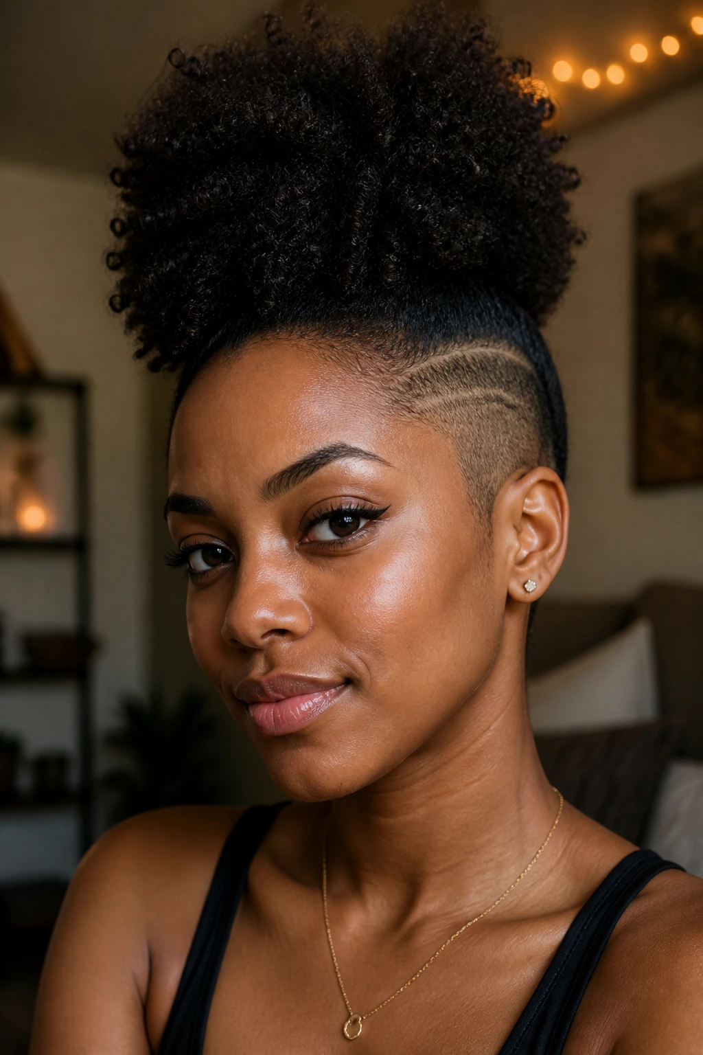 Portrait of a person with a high puff and shaved side.