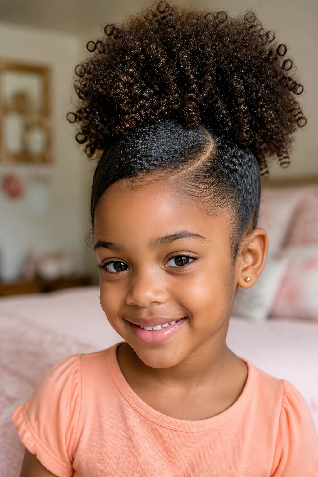 Close-up of a girl with a high puff and side part in soft bedroom light