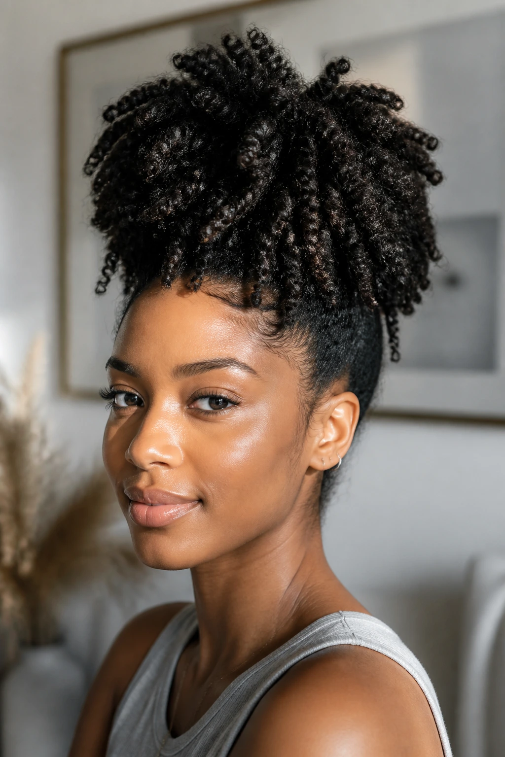 Real woman with a high-puff crown twist style in a bright room