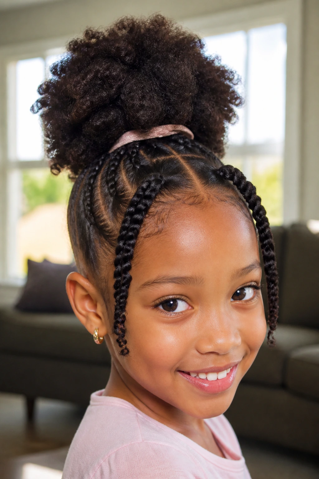 Close-up of a real child with a high puff and twists in a sunlit living room